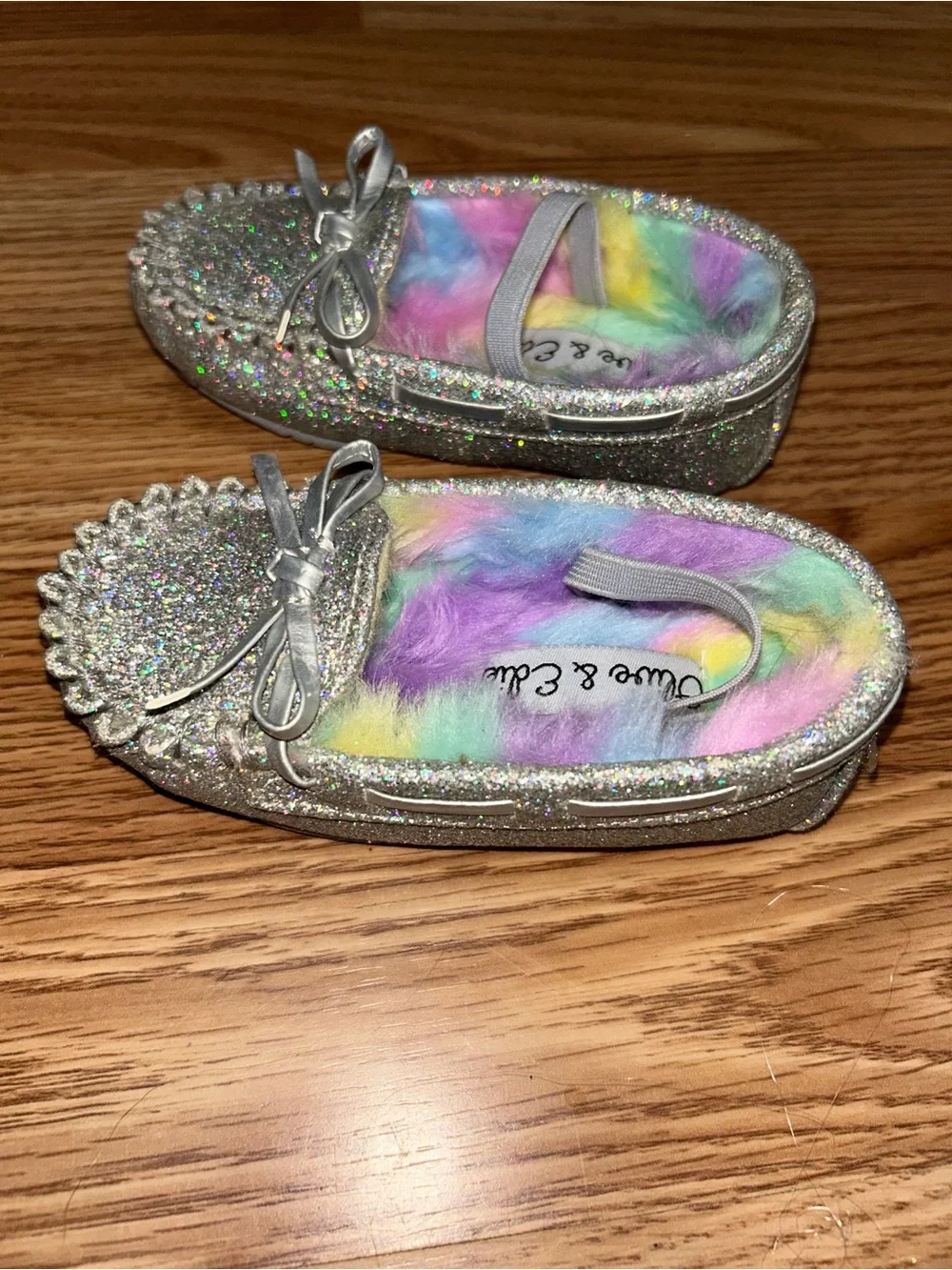 Olive & Edie Silver Glitter Kids Moccasins with Rainbow Faux-Fur